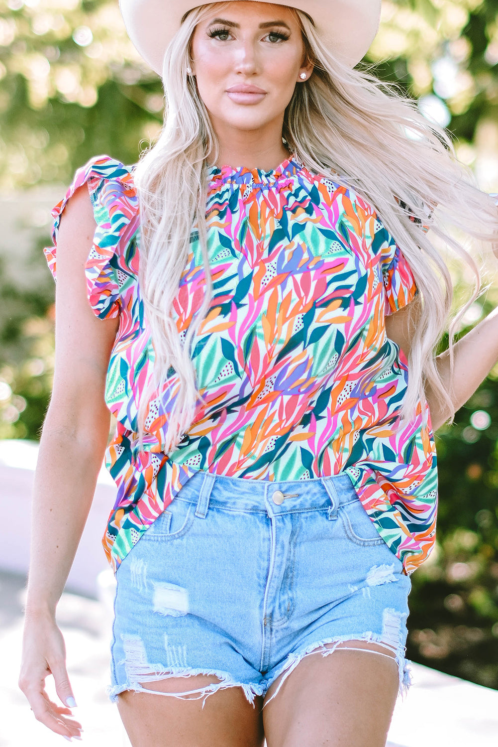 Women's Blouse with Print Ruffle-Trimmed Floral-Print