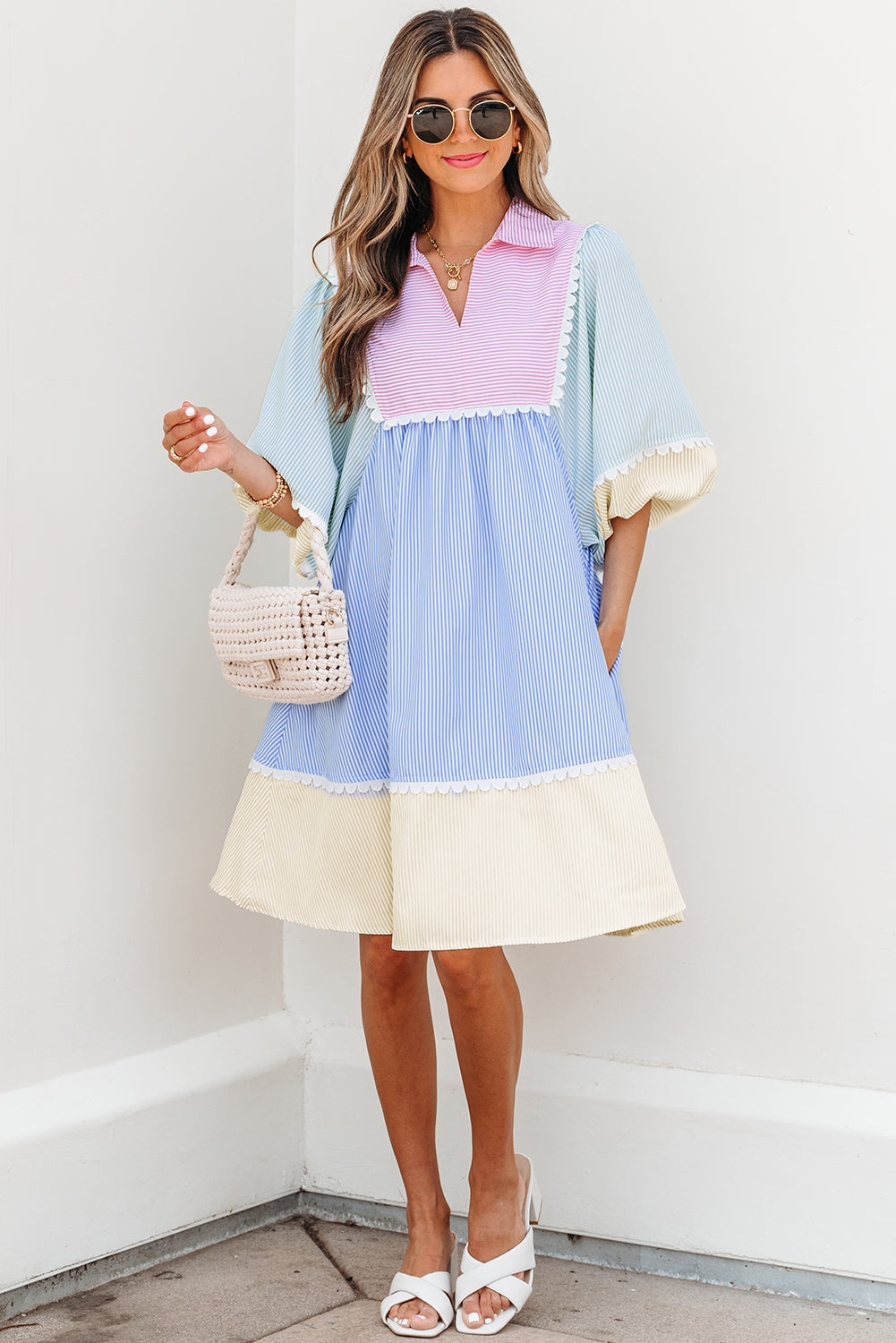 Striped Patchwork Ric Rac Puff Sleeve Collared Mini Dress