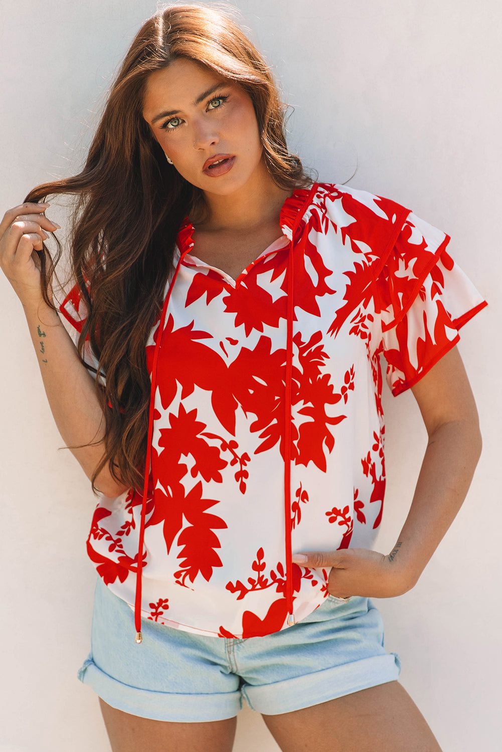 Plant Print Tiered Ruffled Sleeve V Neck Blouse