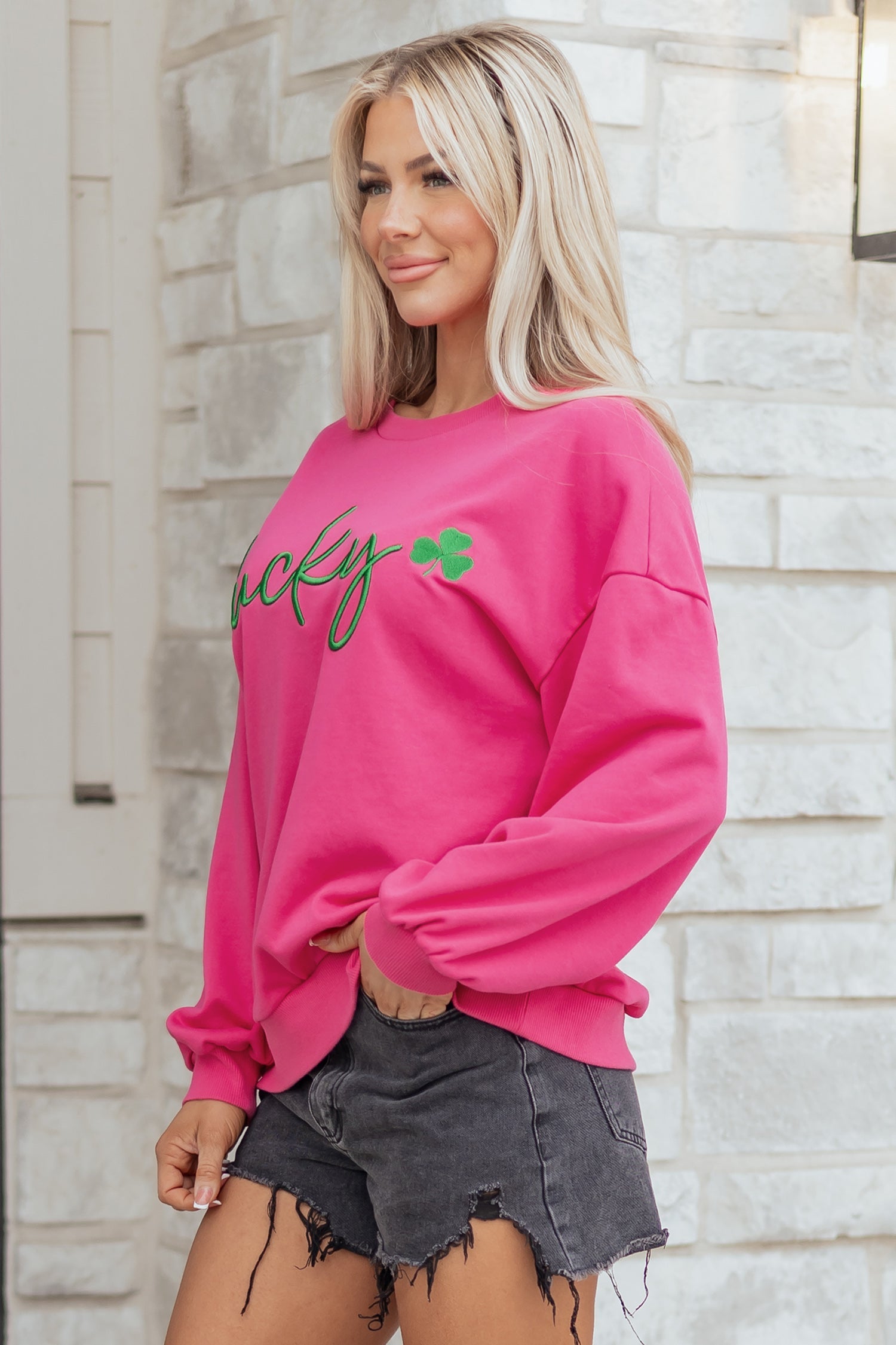 Embroidered Lucky Clover Loose Pullover Sweatshirt in Rose Red
