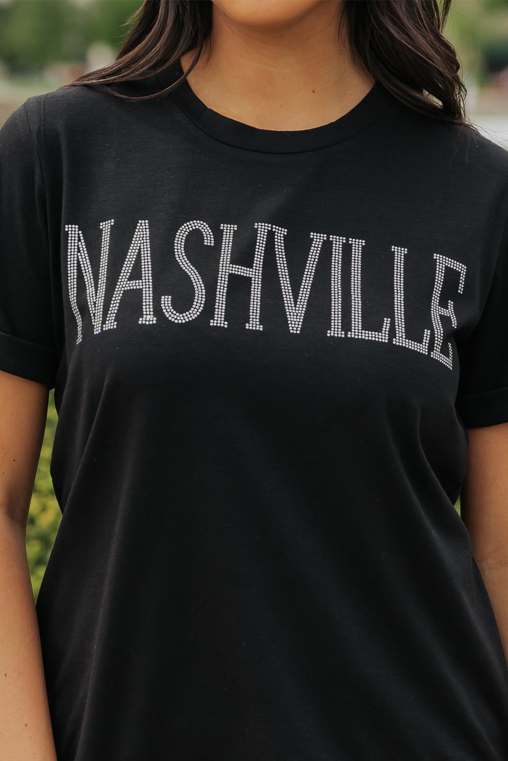 Women's T Shirt with Crew Neck Rhinestone NASHVILLE Graphic-Print