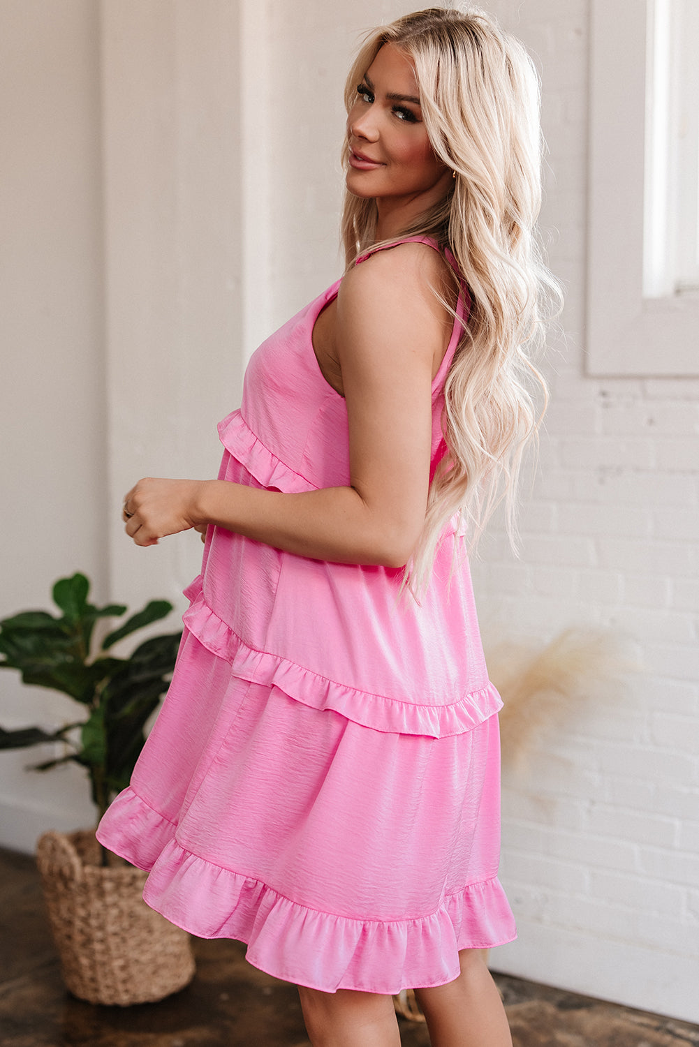 Cute Pink Knot Back Frilly Tiered Sleeveless Mini Dress