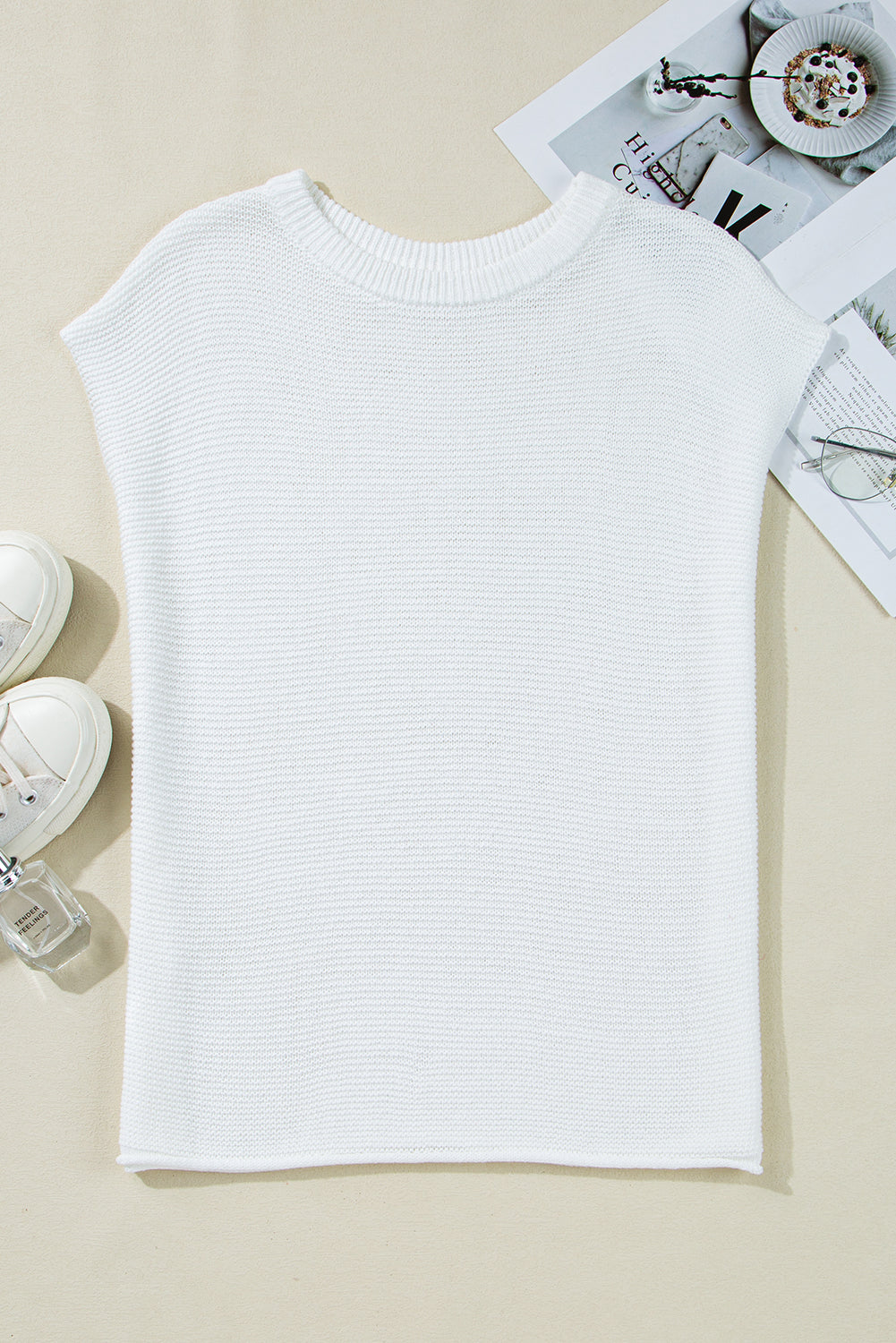 White Solid Color Sweater Tee with Side Slits