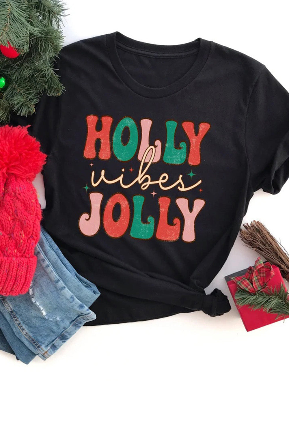 T Shirt for Women Crew Neck HOLLY JOLLY Vibes Christmas