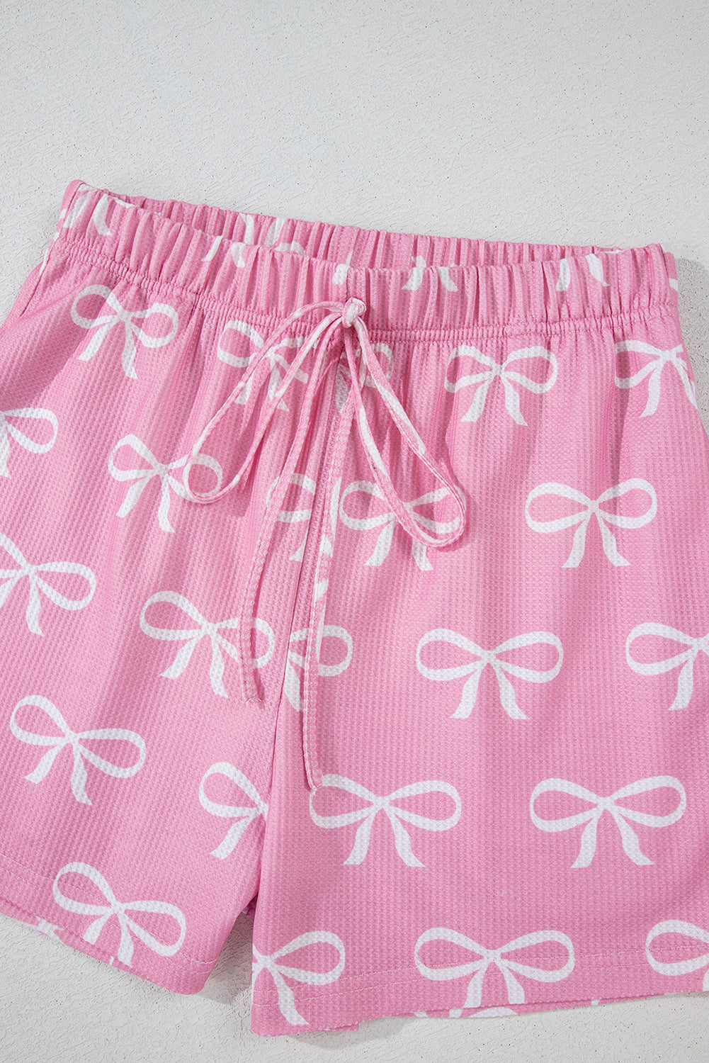 Waffle Printed Knit Bowknot V-Neck T Shirt and Shorts Set
