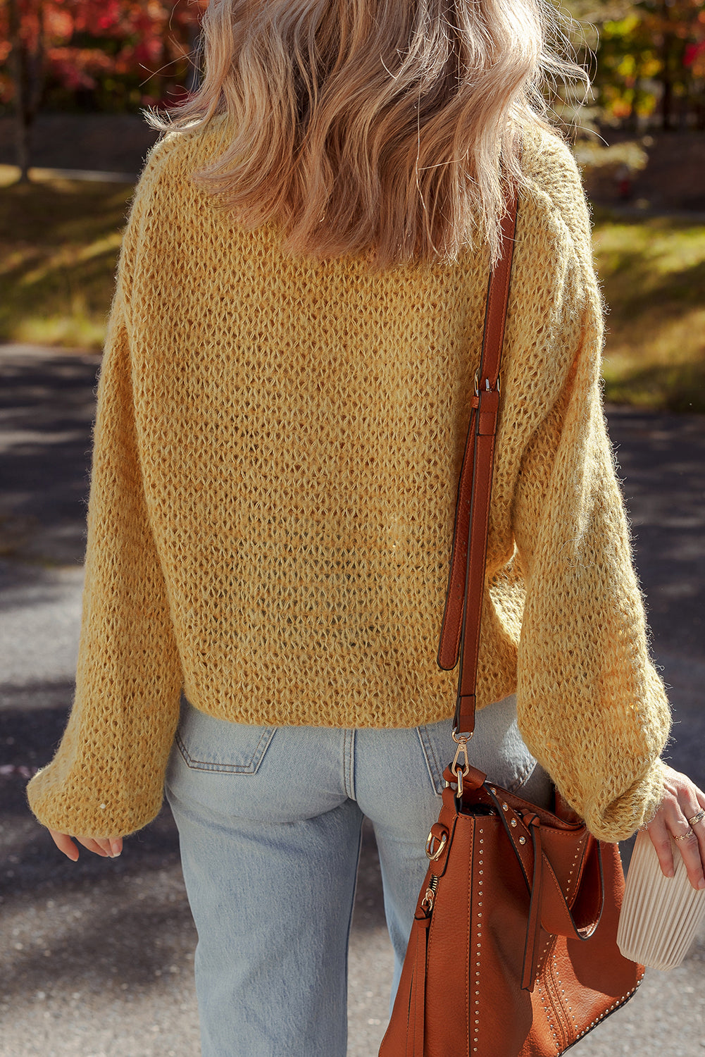 Scallop Lantern Sleeve V-Neck Button-Front Cropped Cardigan