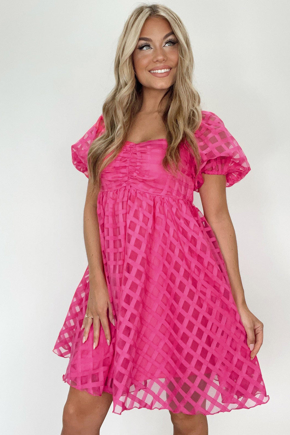 Women's Dress with Checked Balloon Sleeve Babydoll