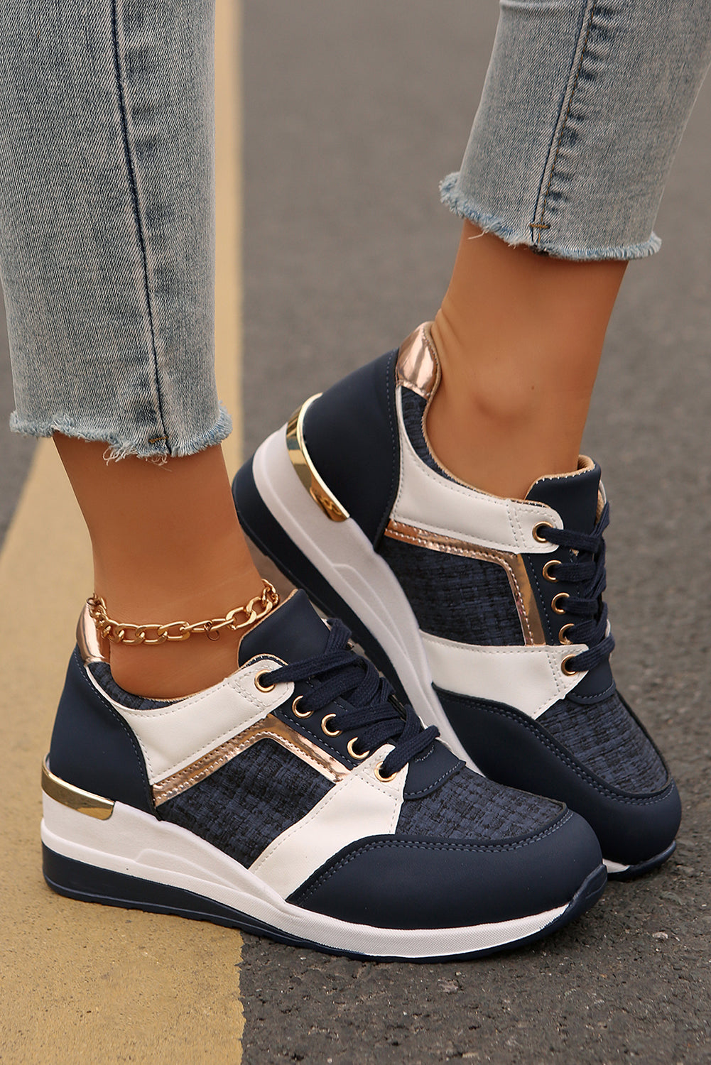 Glitter Patched Lace-up Wedge Sneakers Style