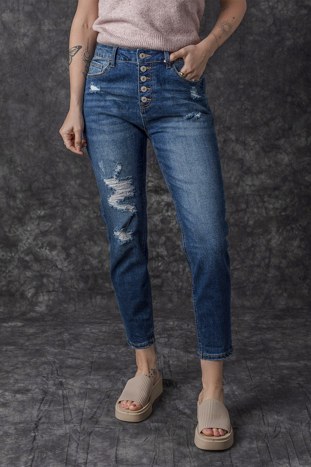 Women's Jeans Featuring Fly High-Rise Distressed Button
