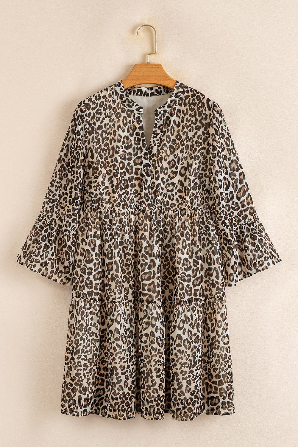 Leopard 3/4 Sleeve V-Neck Swing Dress