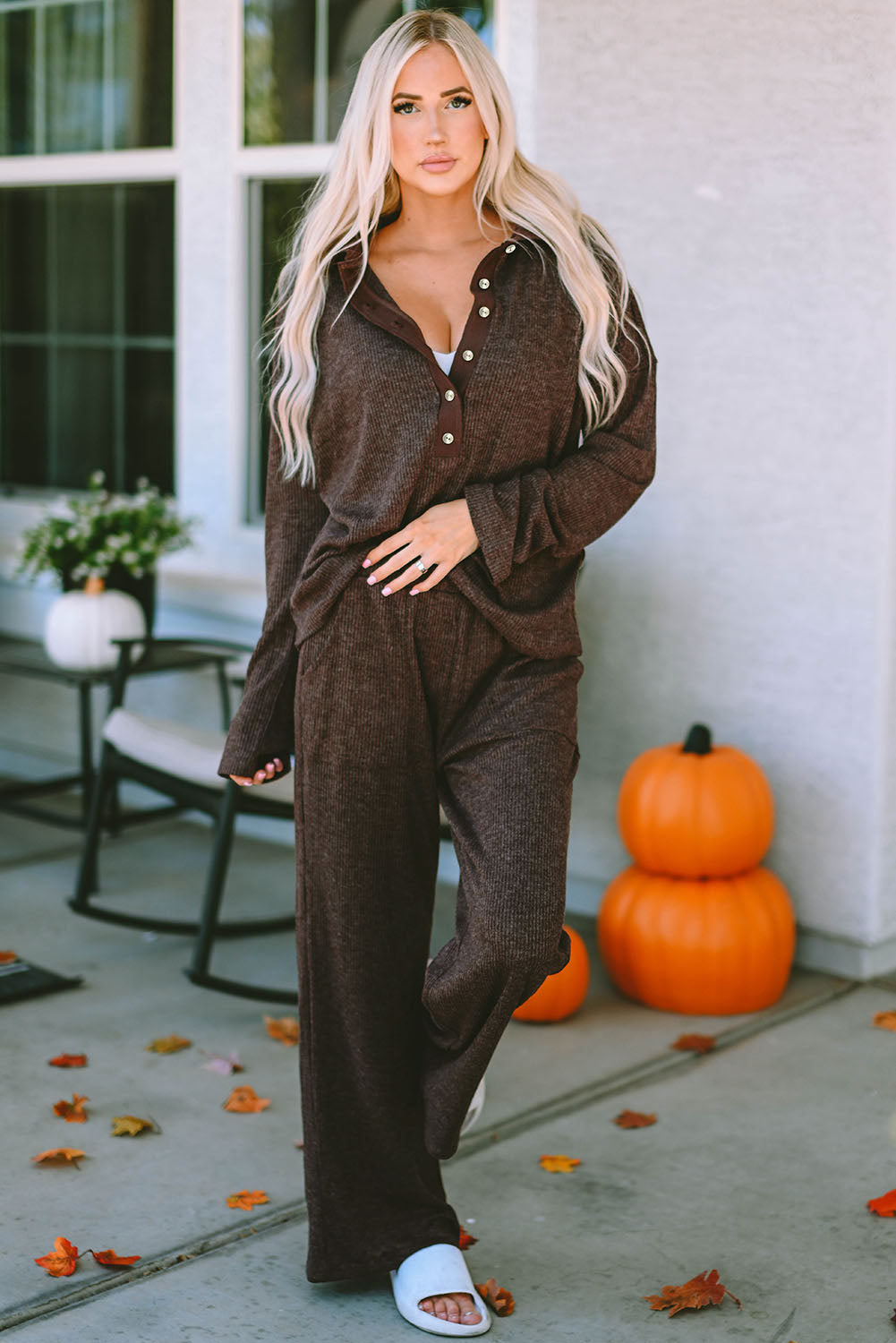 Rib-Knit Henley Knit Collared Top and Pants Lounge Outfit