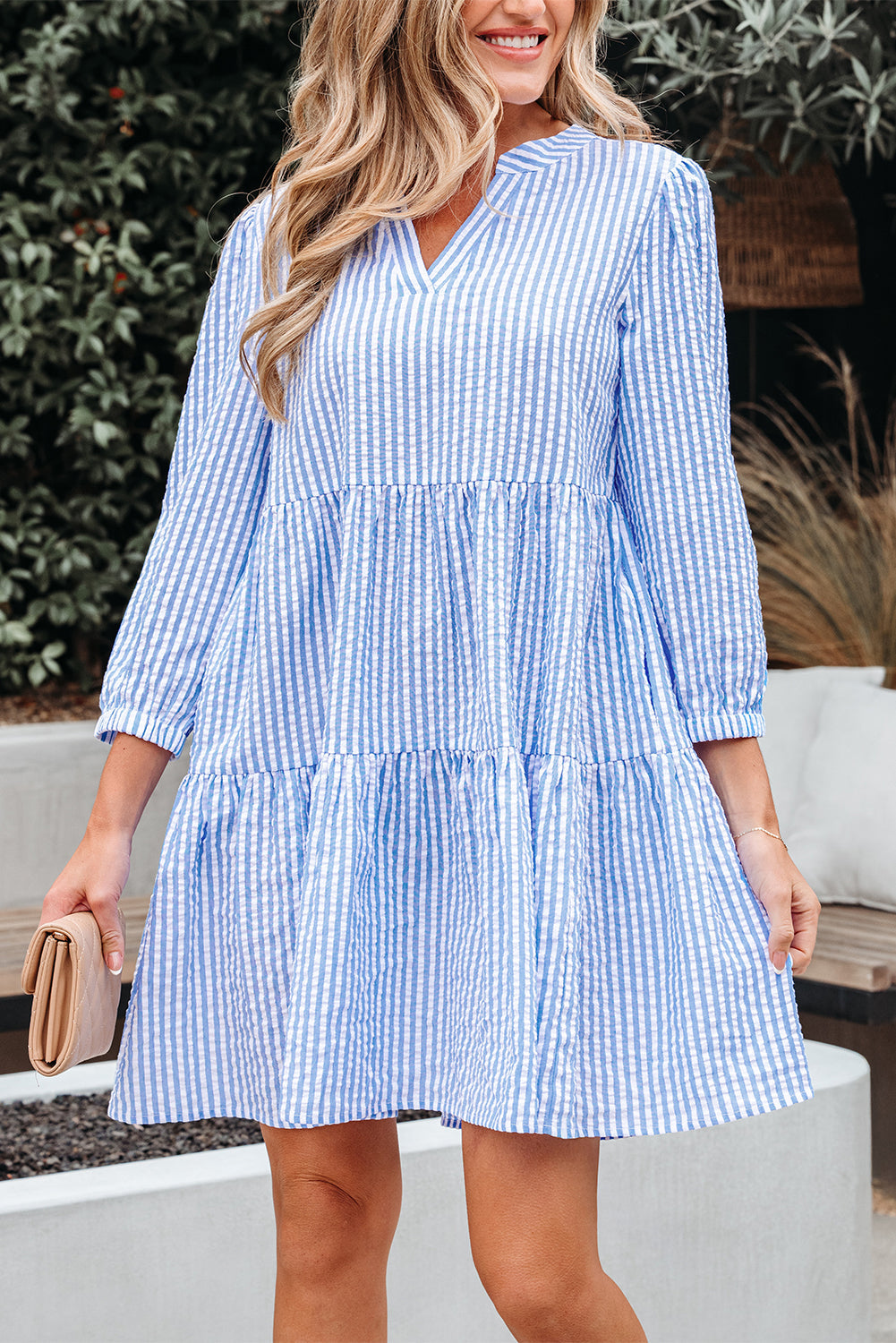 Tiered Bracelet Sleeve Shift Dress Featuring Pockets