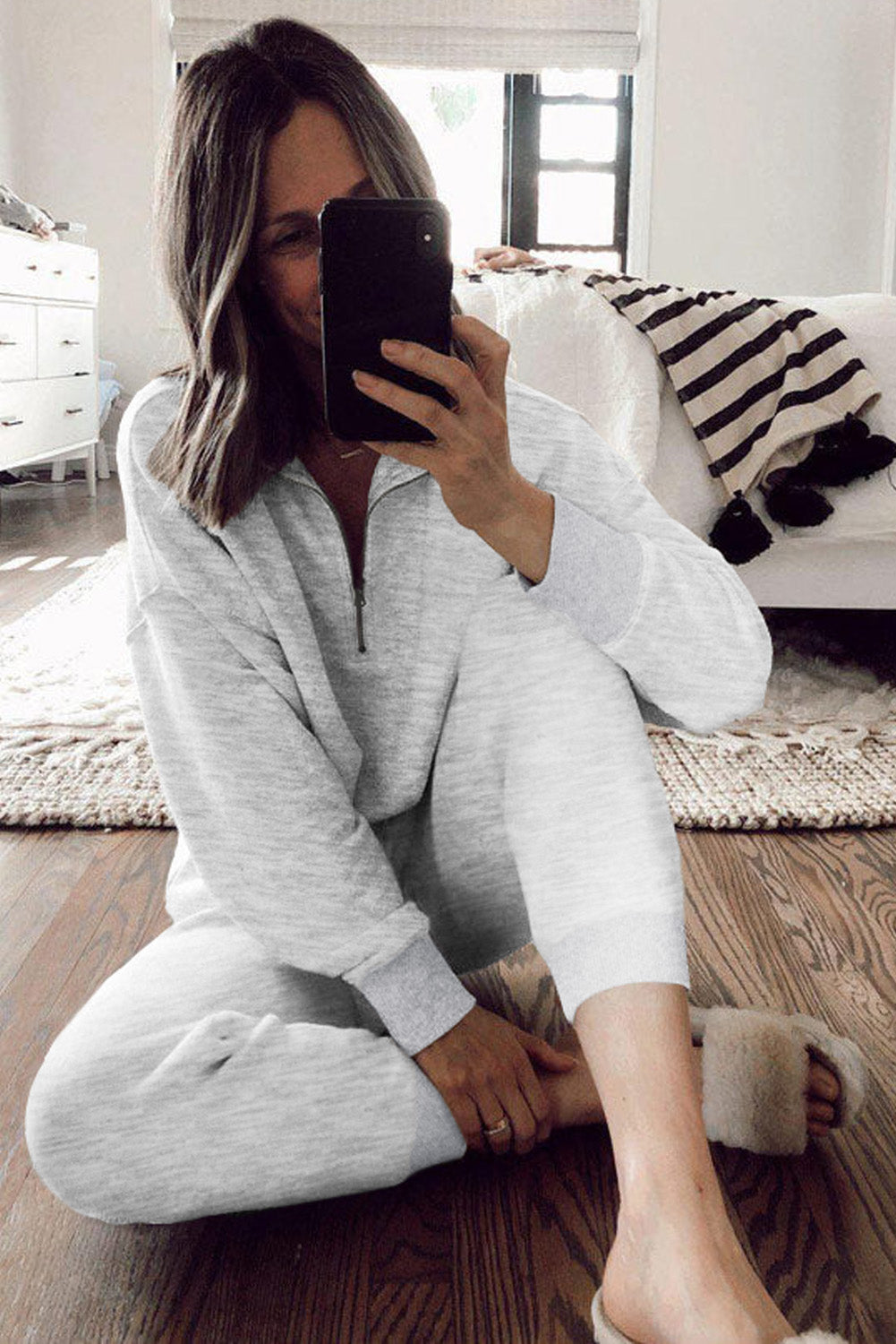 Zip Solid Half Drawcord High-Waisted Lounge Set