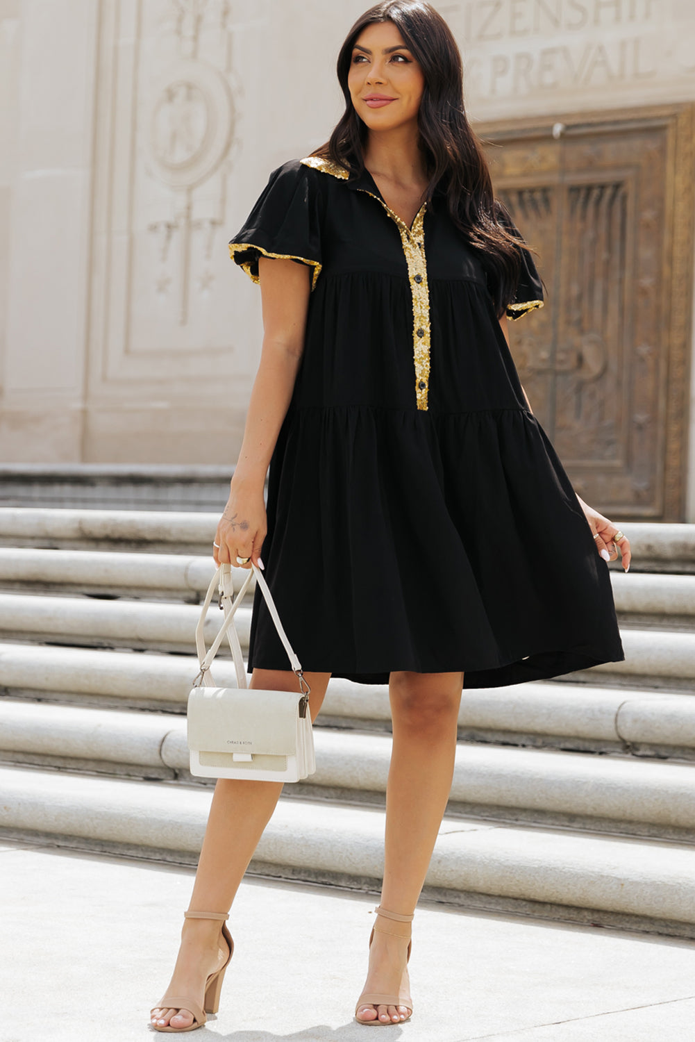 Women's Bubble Sleeve Sequin Trim Shirt Dress