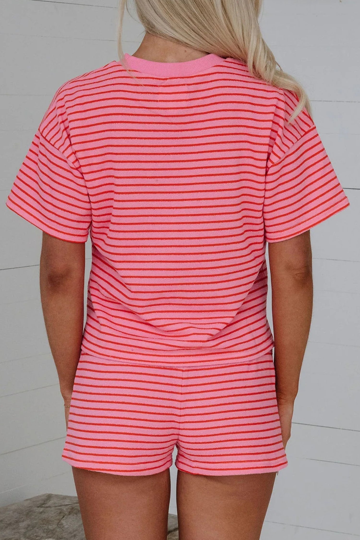 Stripe Side Rose Side Split Knit Tee Drawcord Shorts Set