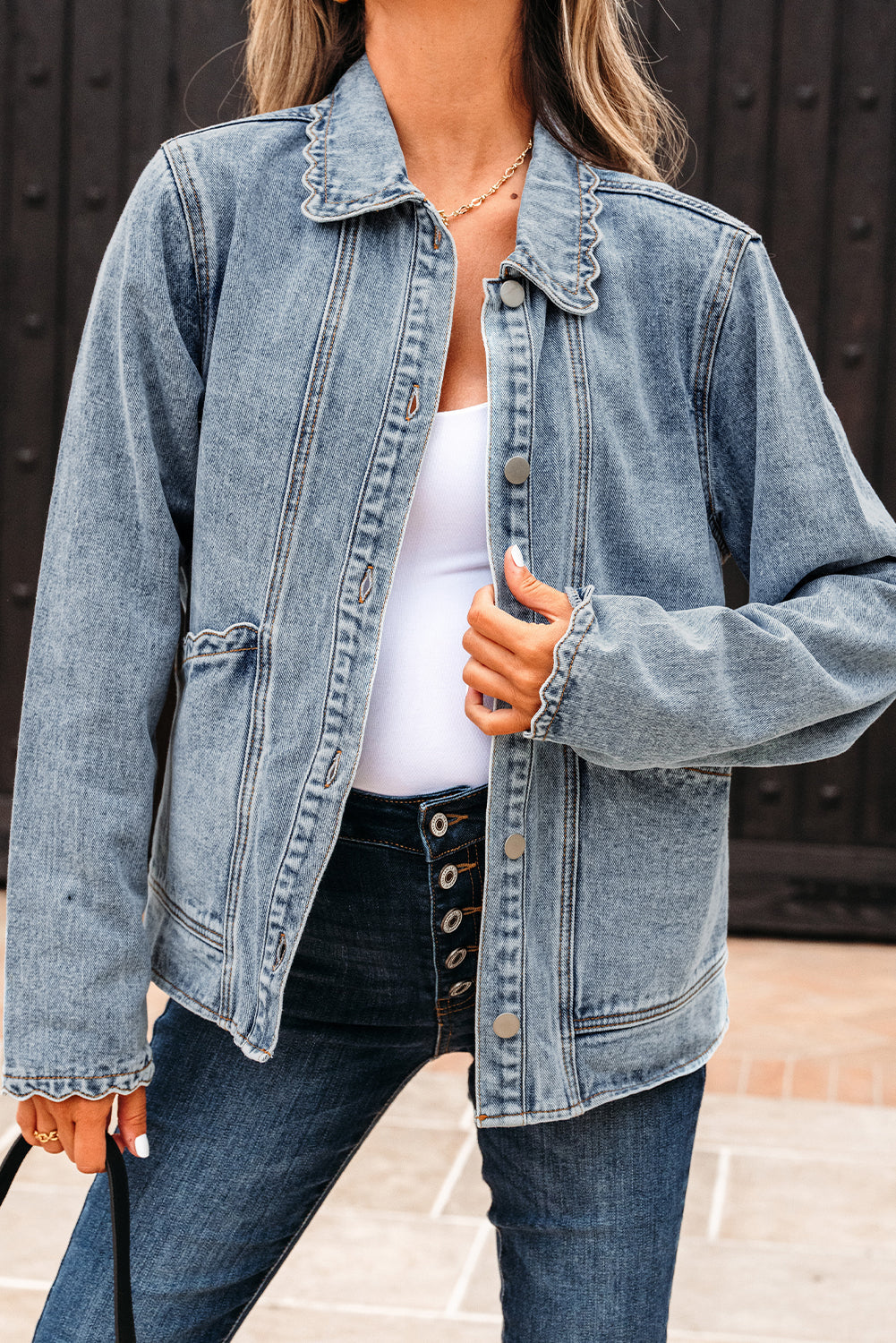 Scallop Patched Trim Collar Pocket Button-Front Denim Jacket
