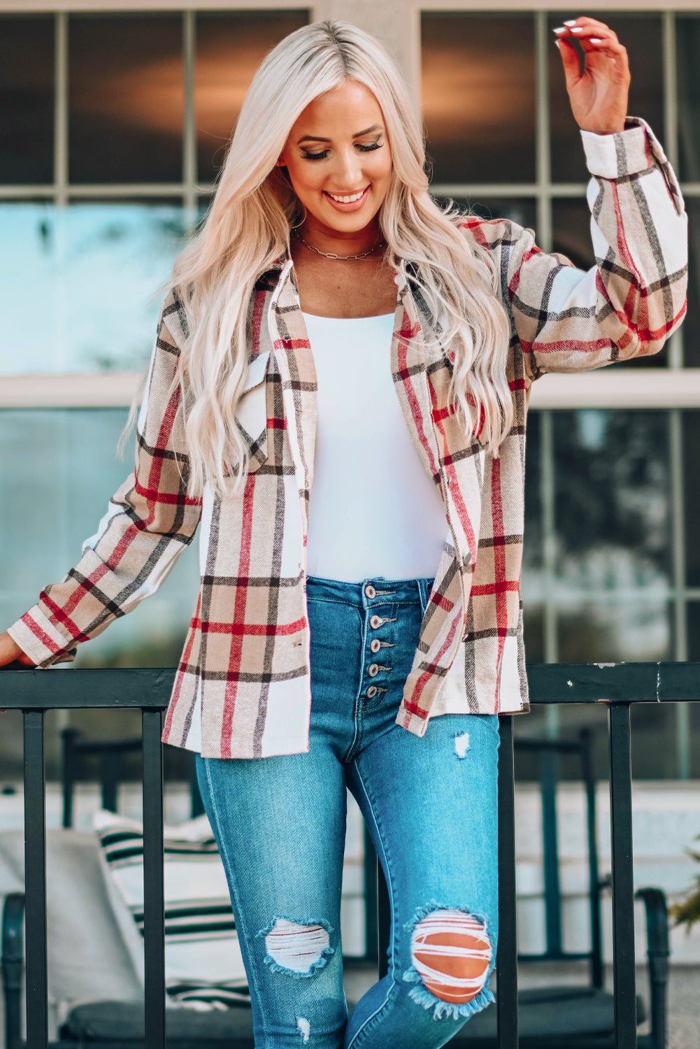 Women's Coat with Button-Front Shirt Plaid Print