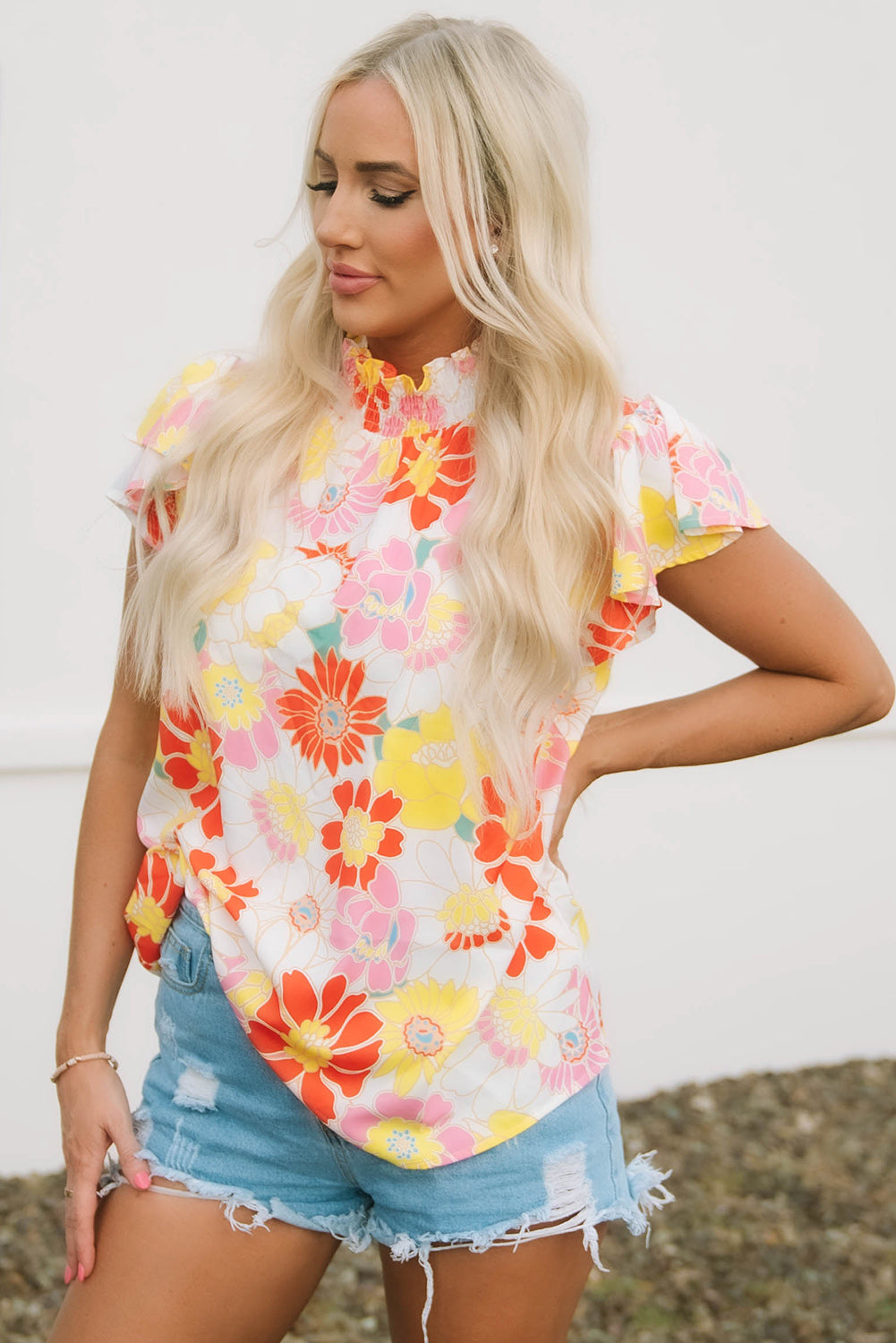 Women's Stand Collar Flutter Floral-Print Top