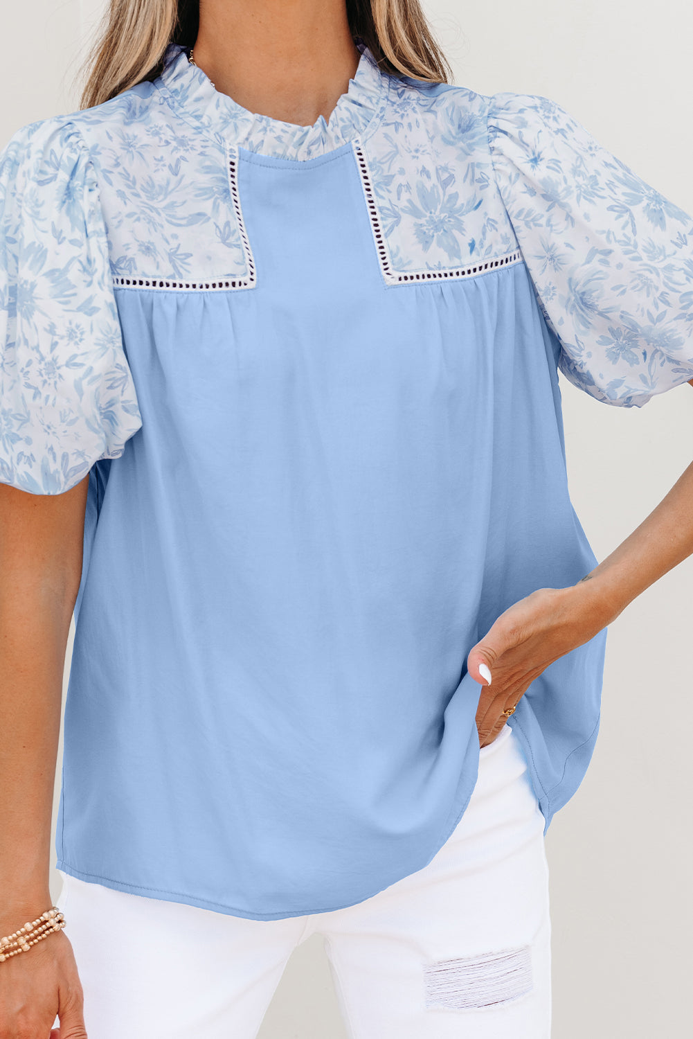 Floral Lace Insert Puff Sleeve Patchwork Loose Blouse
