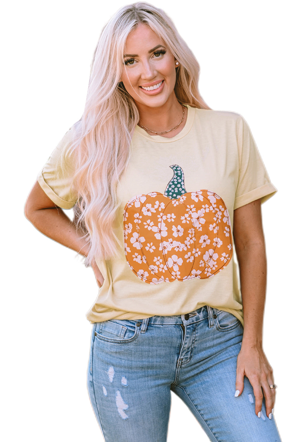 Women's Tee Featuring Sweet Floral-Print Pumpkin Graphic-Print