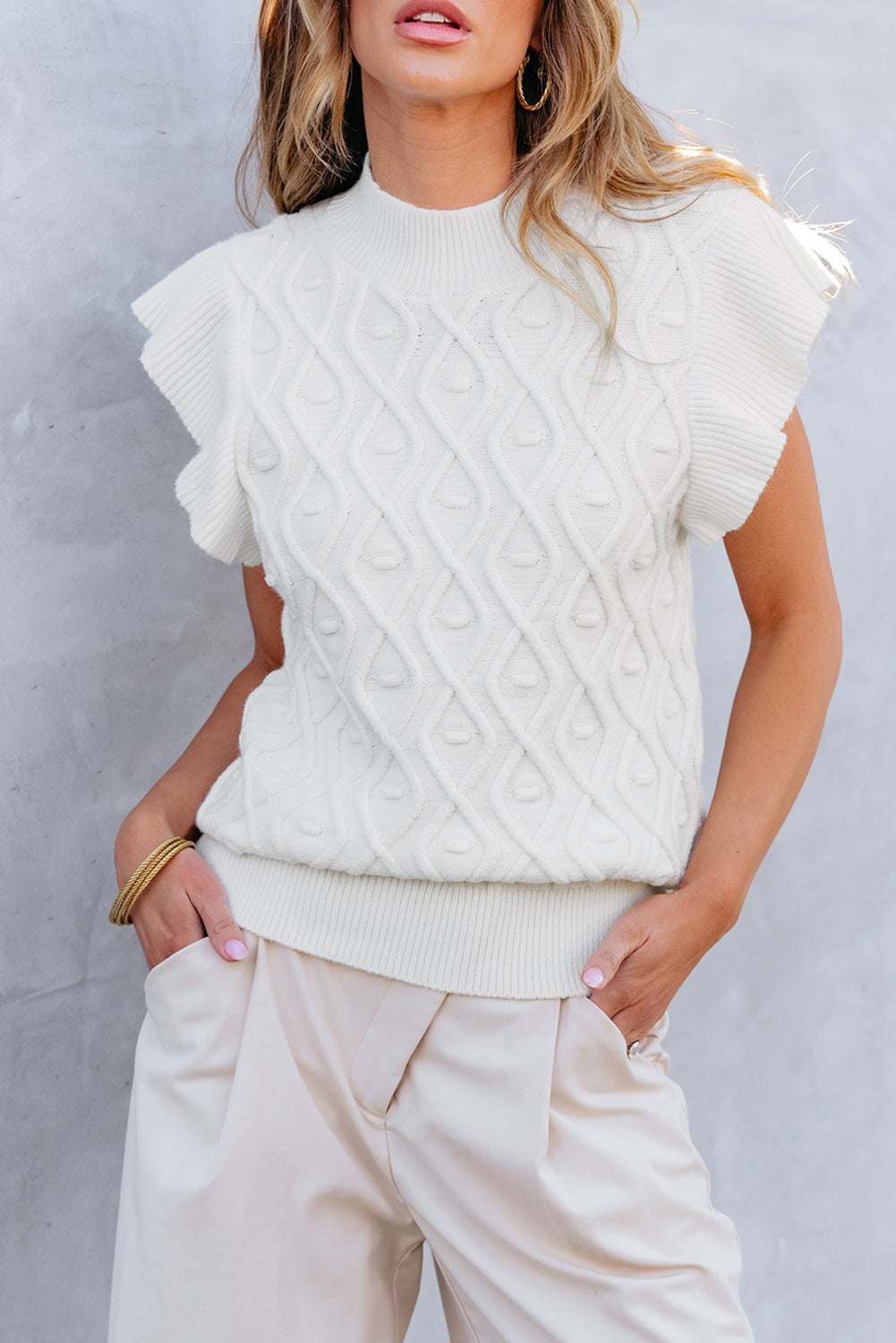 Women's Vest Featuring Textured Ruffle-Trimmed Mock Neck Knitted