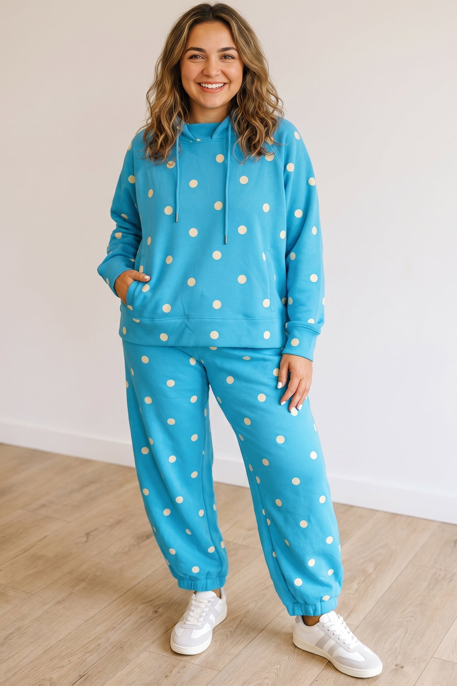 Drawcord Polka-Dot Hooded Long-Sleeved Plus Size Set in Blue