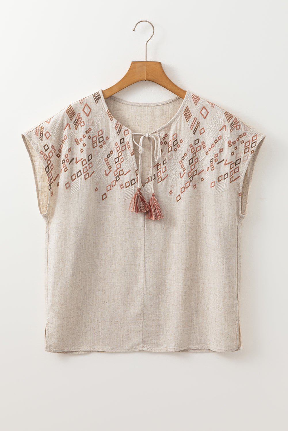 Geometric Embroidered Tassel Tied V Neck Blouse