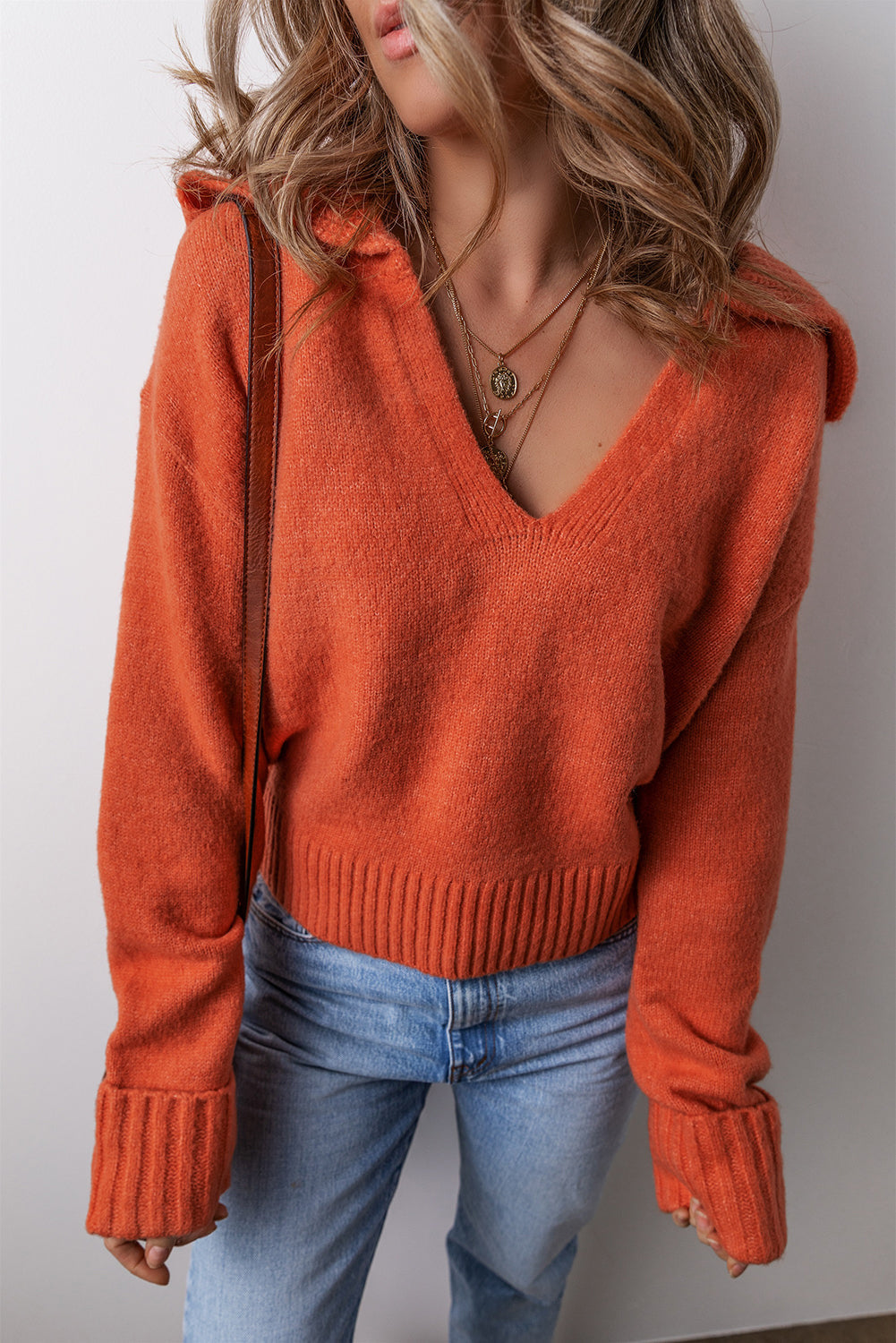 Collared V-Neck Rib-Knit Edge Sexy Refined Knit Top