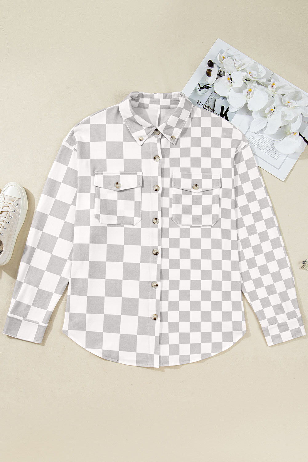 Checkered Plus Size Button-Front Down Everyday Western Jacket in Khaki