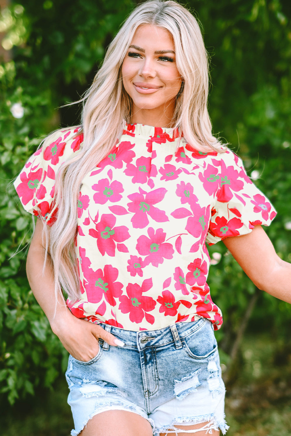Women's Blouse with Floral-Print Frill-Trimmed Neckline