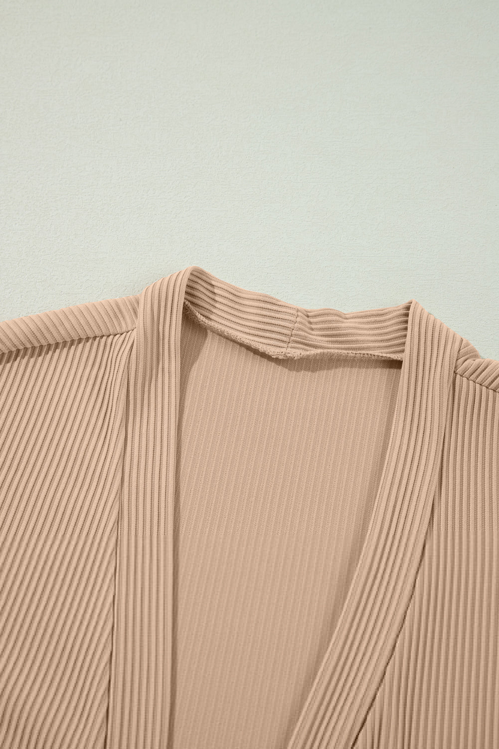 Rib-Knit Lace Patchwork Knit Open-Front Duster Cardigan in Parchment