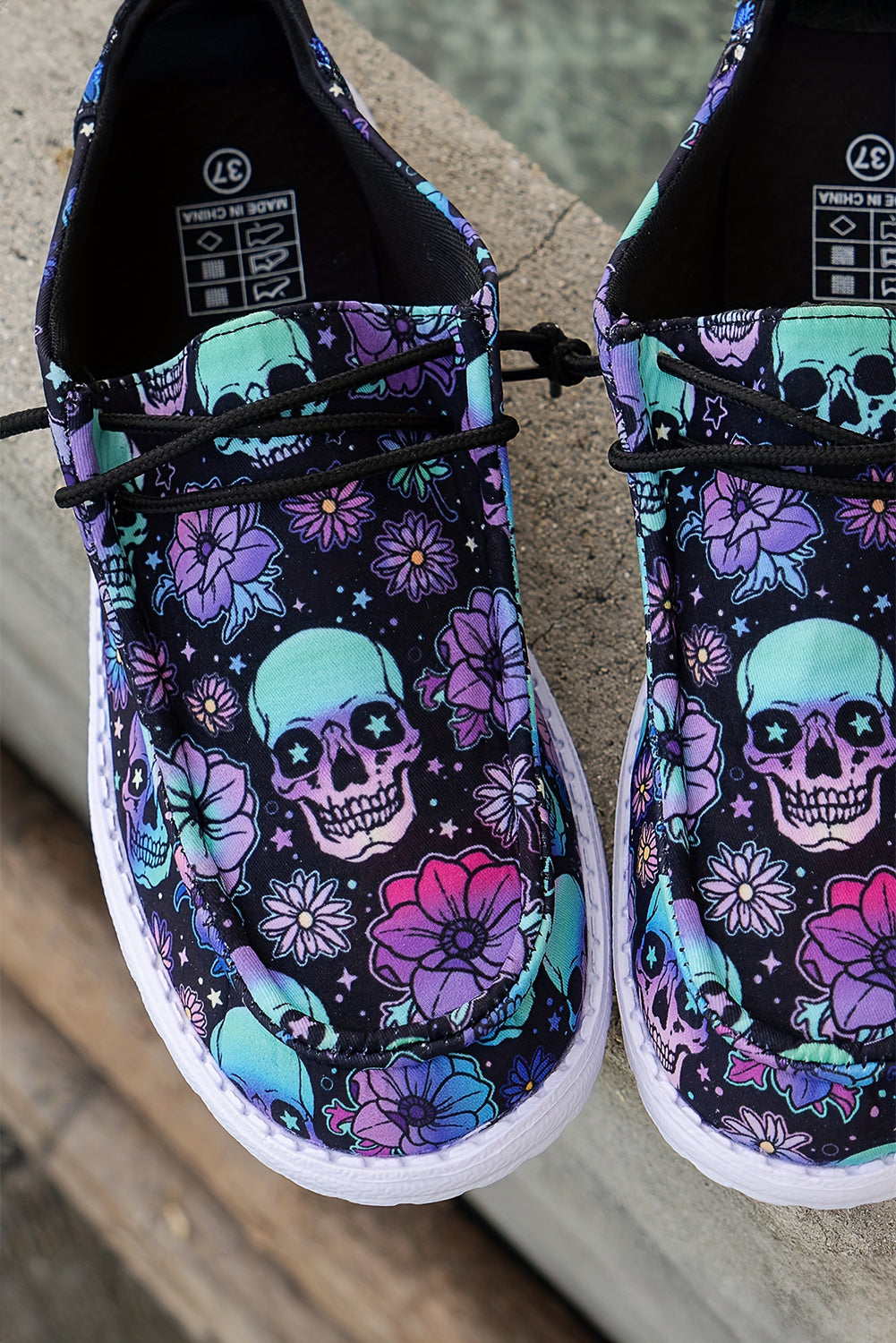 Skull Print Sugar Print Lace-up Detail Halloween Flat Shoes