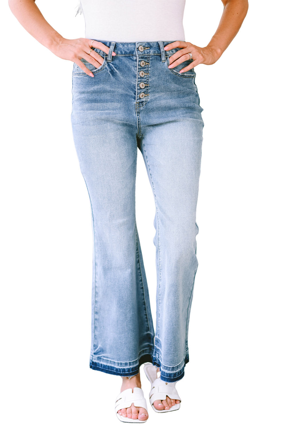 Women's High-Rise Button-Front Distressed Flared Jeans