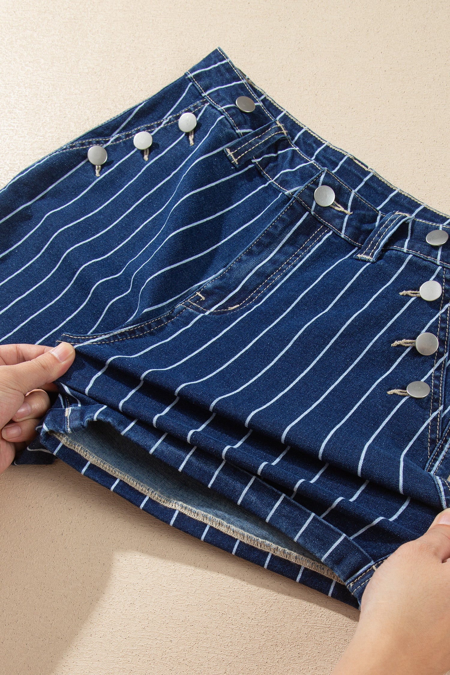 Stripe Metal Button Detail Womens Denim Shorts in Blue