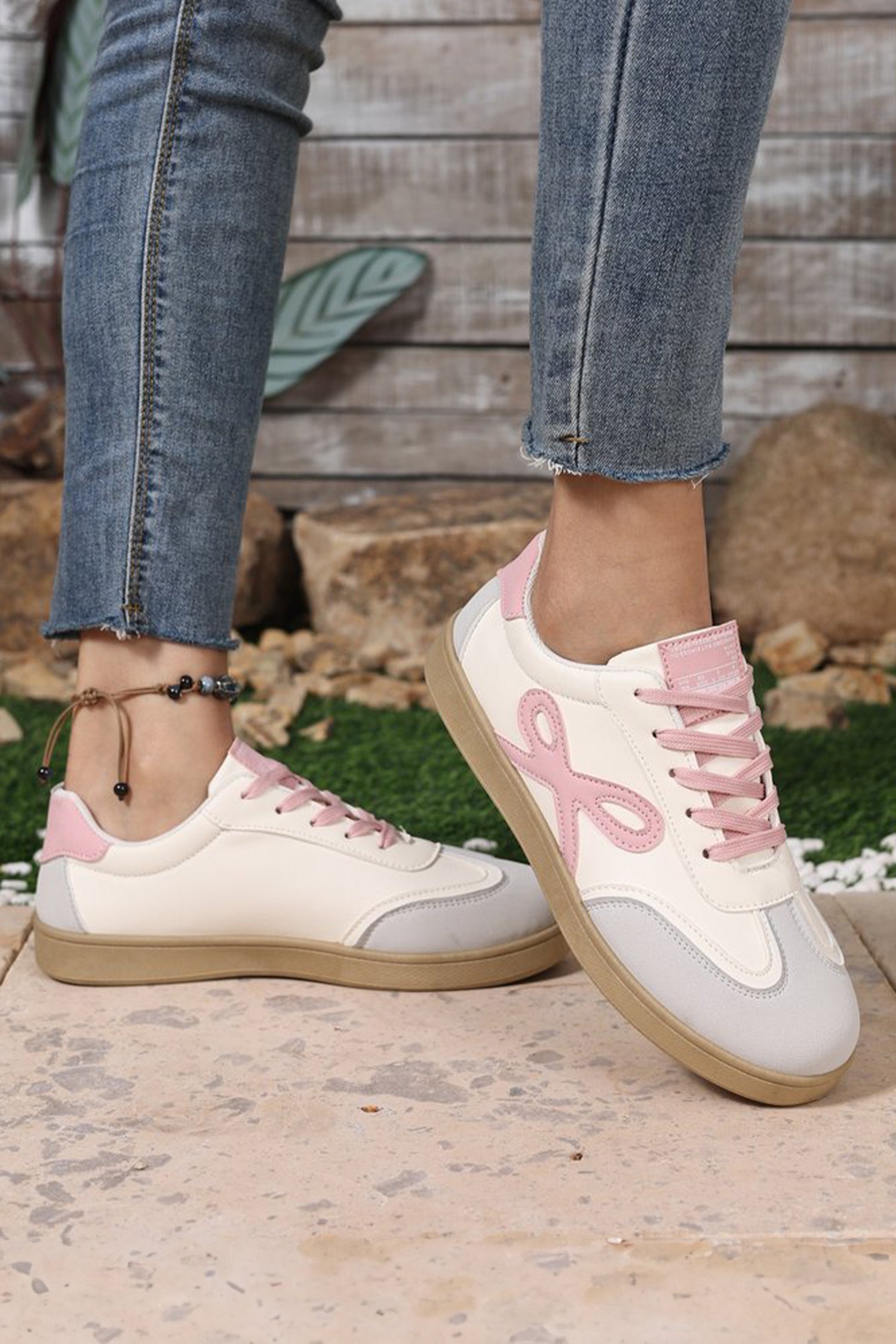 Pink Bow Cute Bow Patch Colorblock PU Leather Sneakers