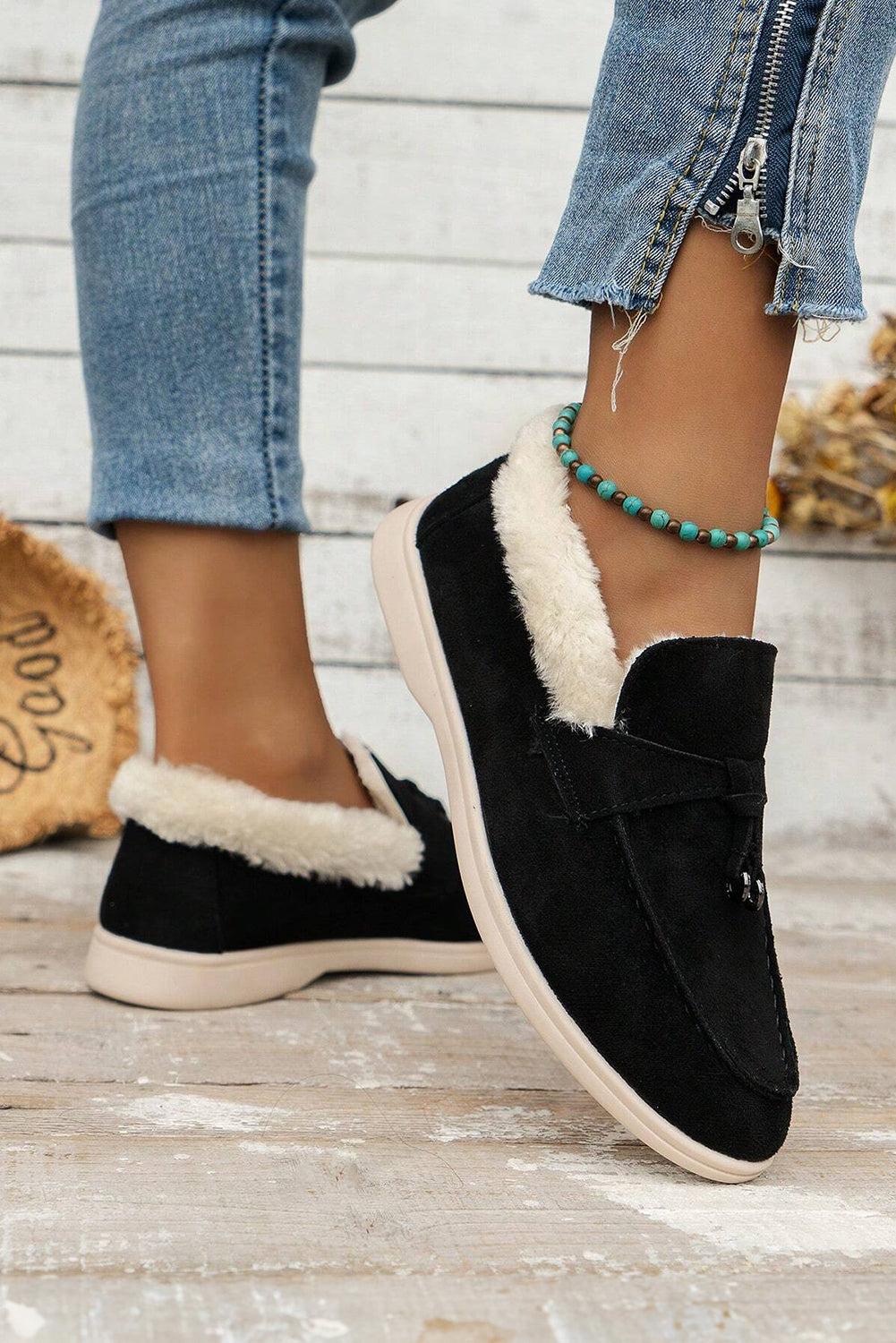 Suede Furry Lined Slip on Flat Shoes