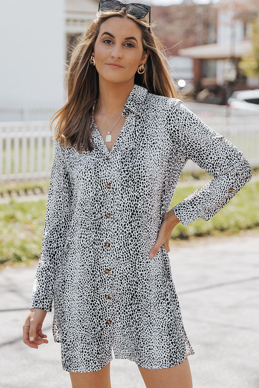 Women's Long-Sleeve Animal Print Shirt Dress