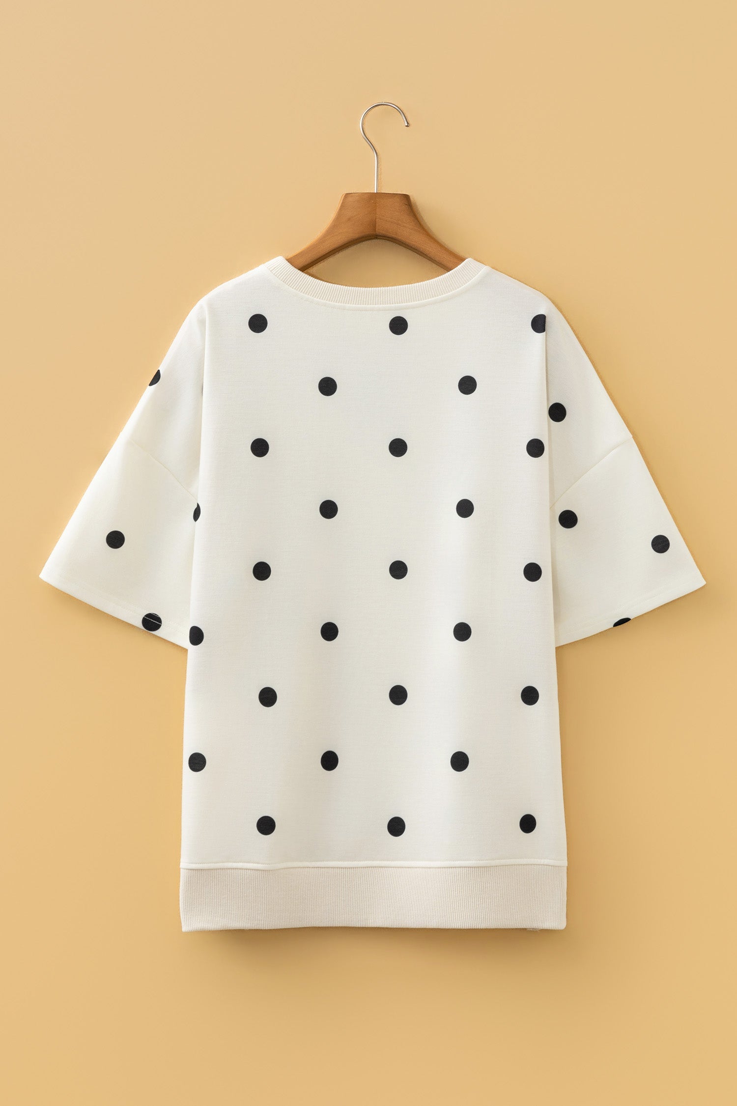 Crossed Polka-Dot Print Seam Detail Oversize Tee in Beige