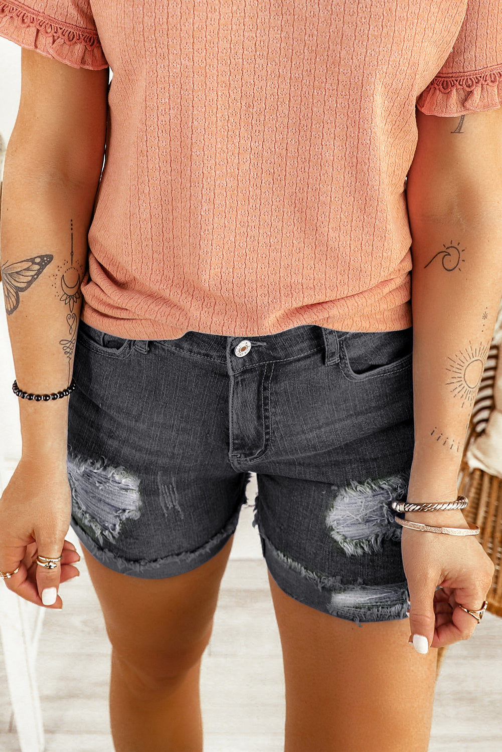 Women's Shorts Featuring Denim Distressed Ripped Rolled Hem