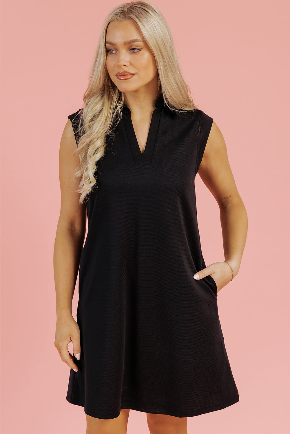 Black Collared Slit Neck Sleeveless Mini Dress
