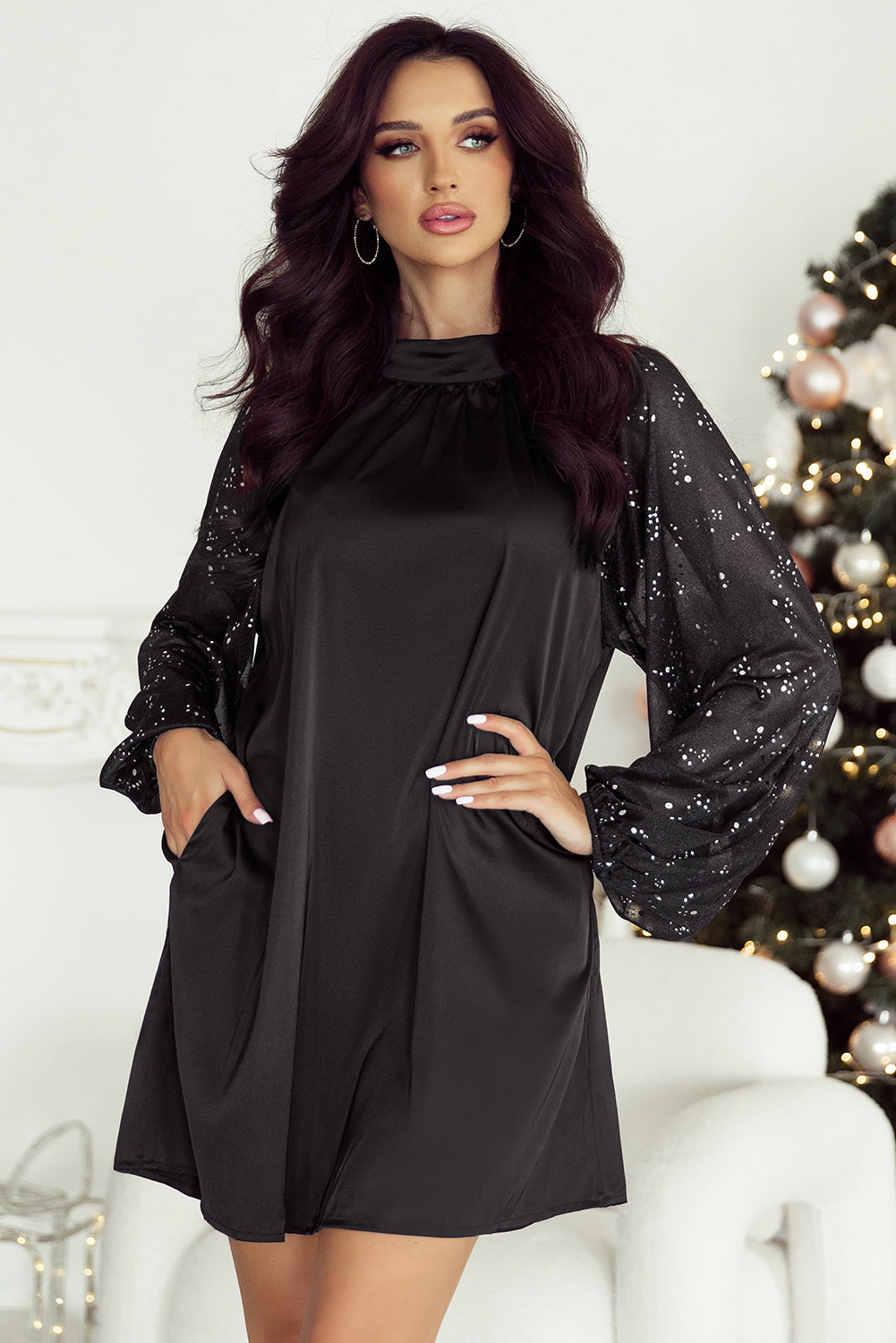 Mini Dress for Women Sparkling Mesh Sleeve
