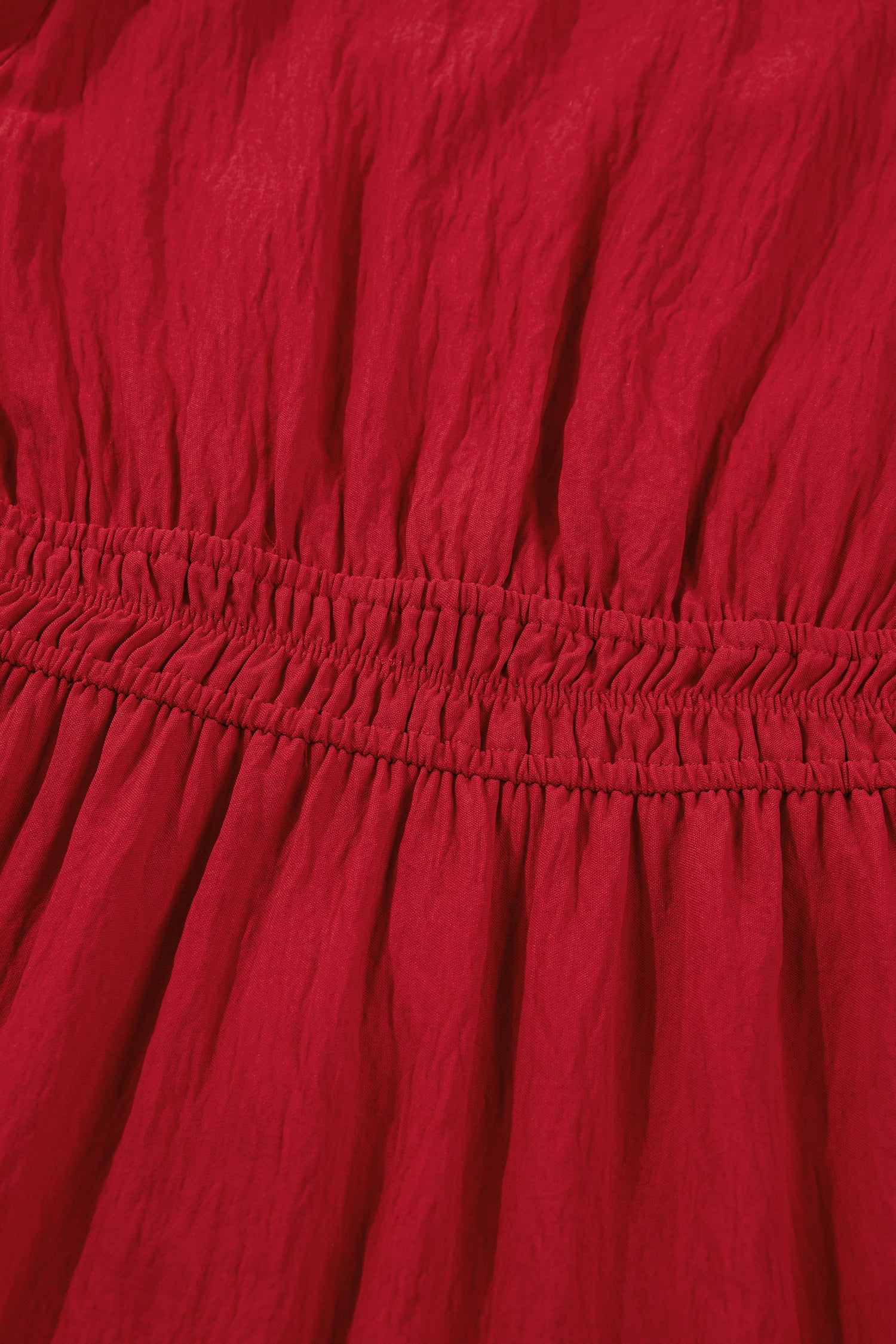 Detail Cinched Embroidered Cinched Waist Tiered Long-Sleeved Maxi Dress in Red