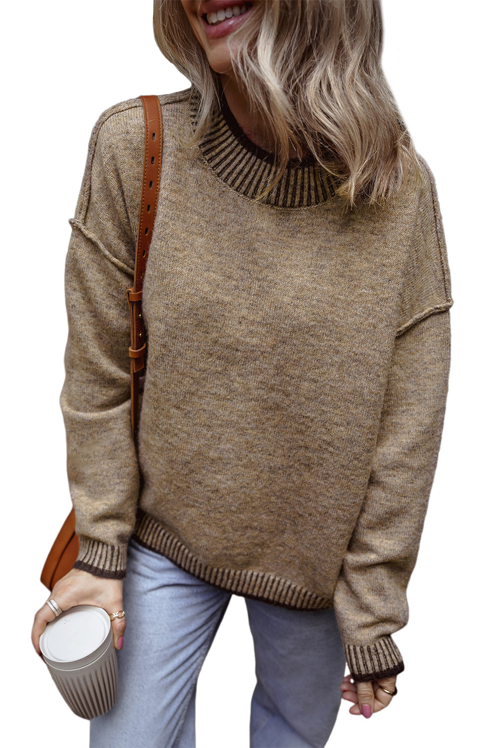 Contrast Trim Mock Neck Drop Shoulder Sweater