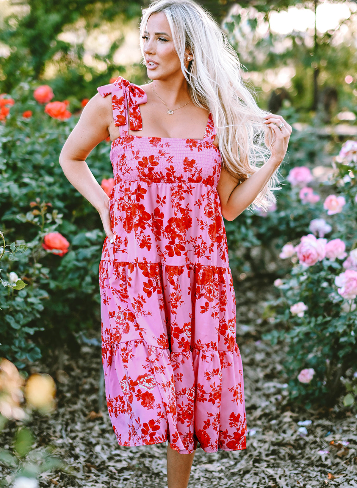 Women's Floral Dresses with Tie Shoulder Straps Layered