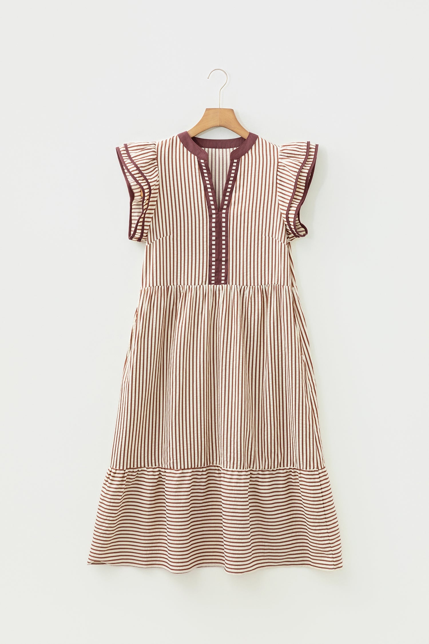 Double Ruffled Short-Sleeved Contrast Trim V-Neck Midi Dress