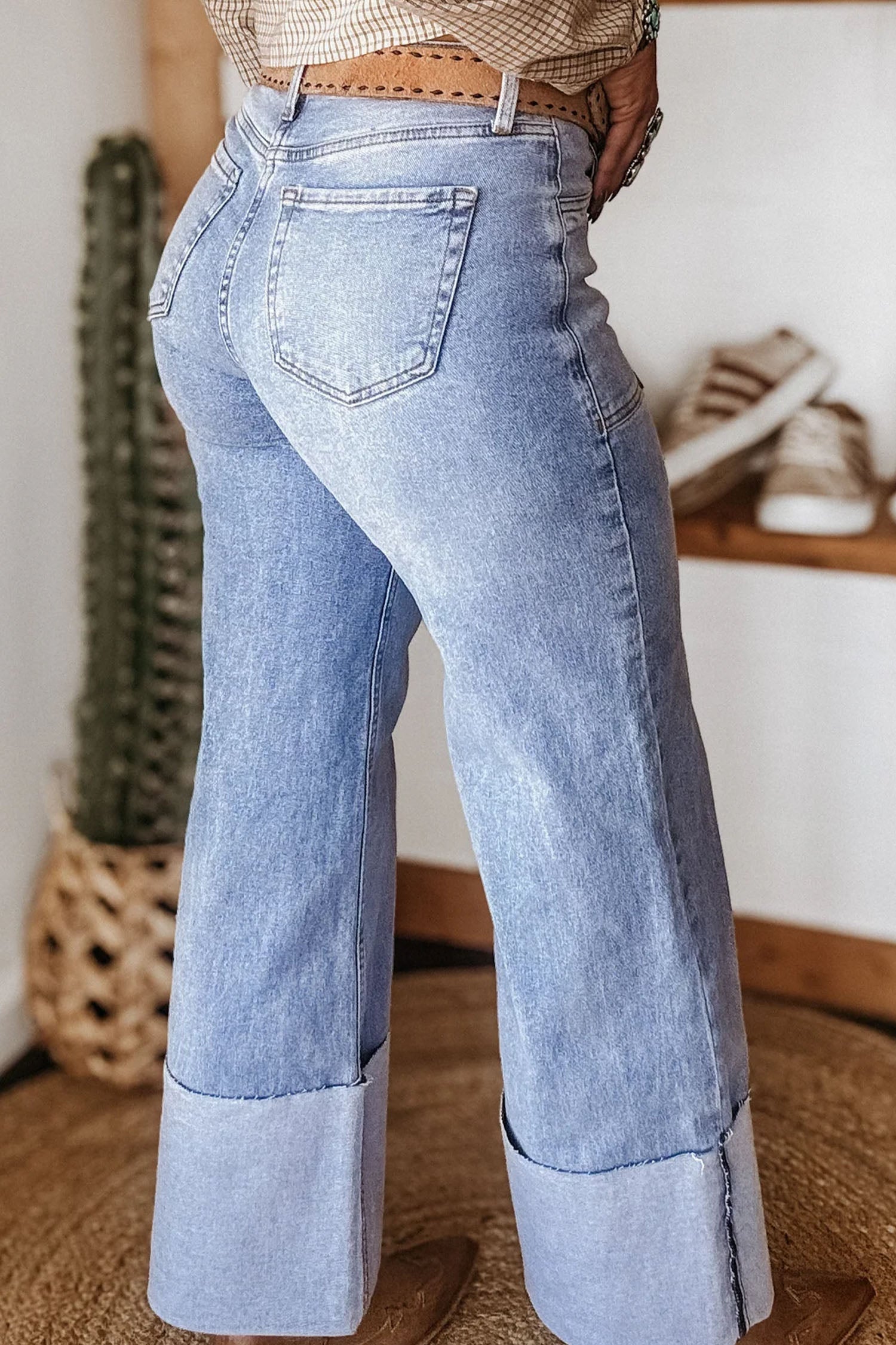 Blue Fashion Beau Turn-up Cuffs Womens Loose Jeans