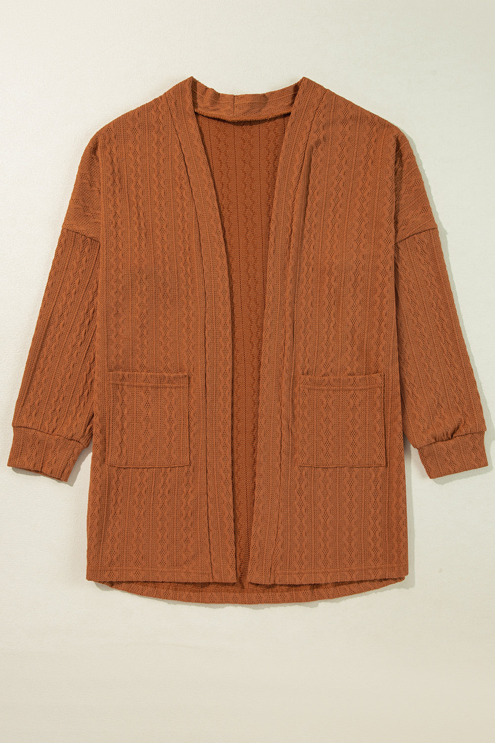 Knit Side Textured Side Pockets Open-Front Cardigan in Chestnut