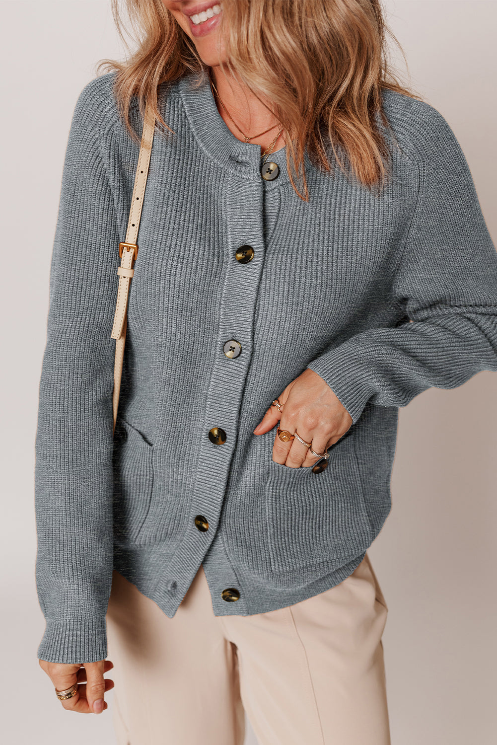 Chunky Cardigan Button-Front Round-Neck Knit Top