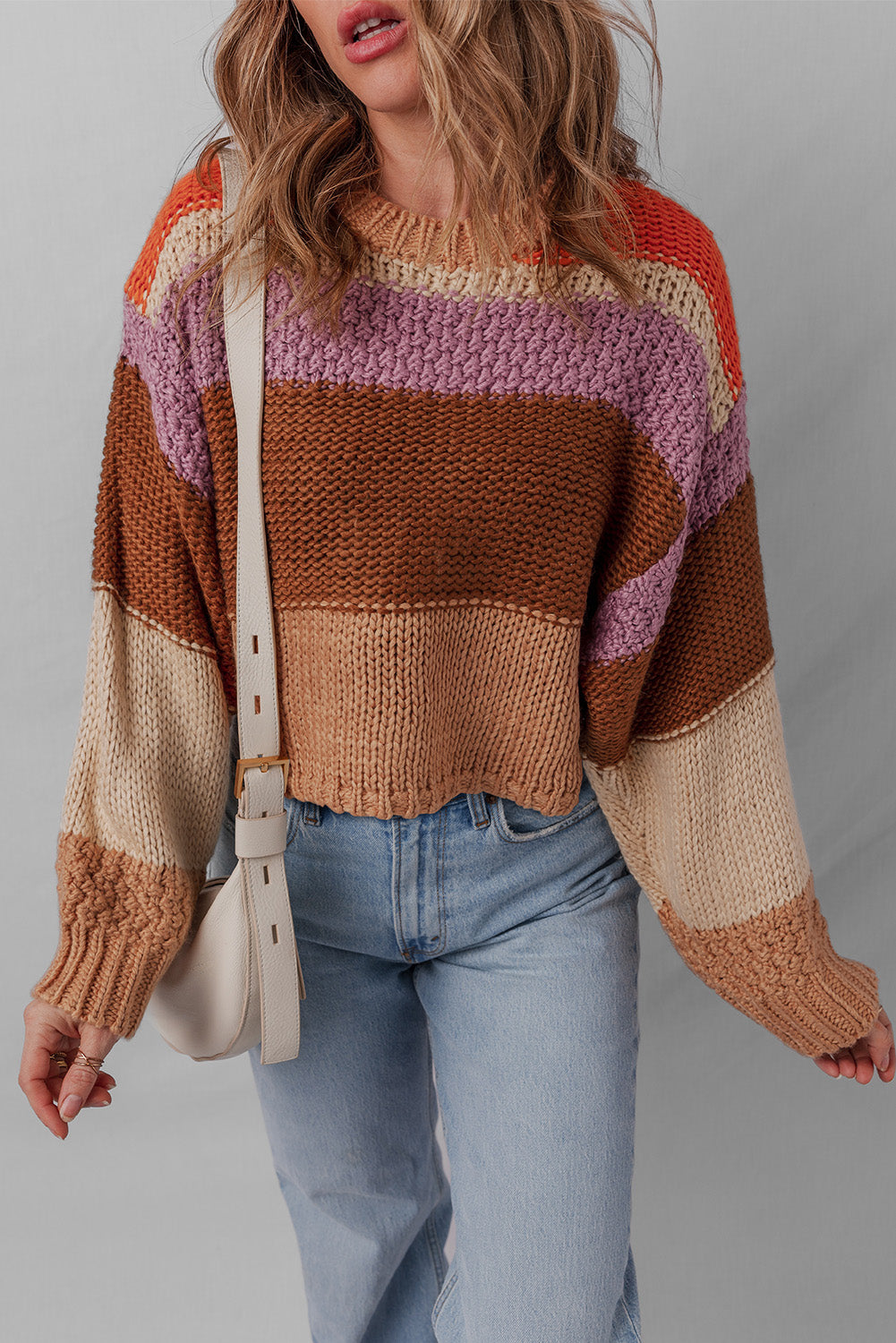 Cropped Colorblock Drop-Shoulder Chunky Knit Knit Top
