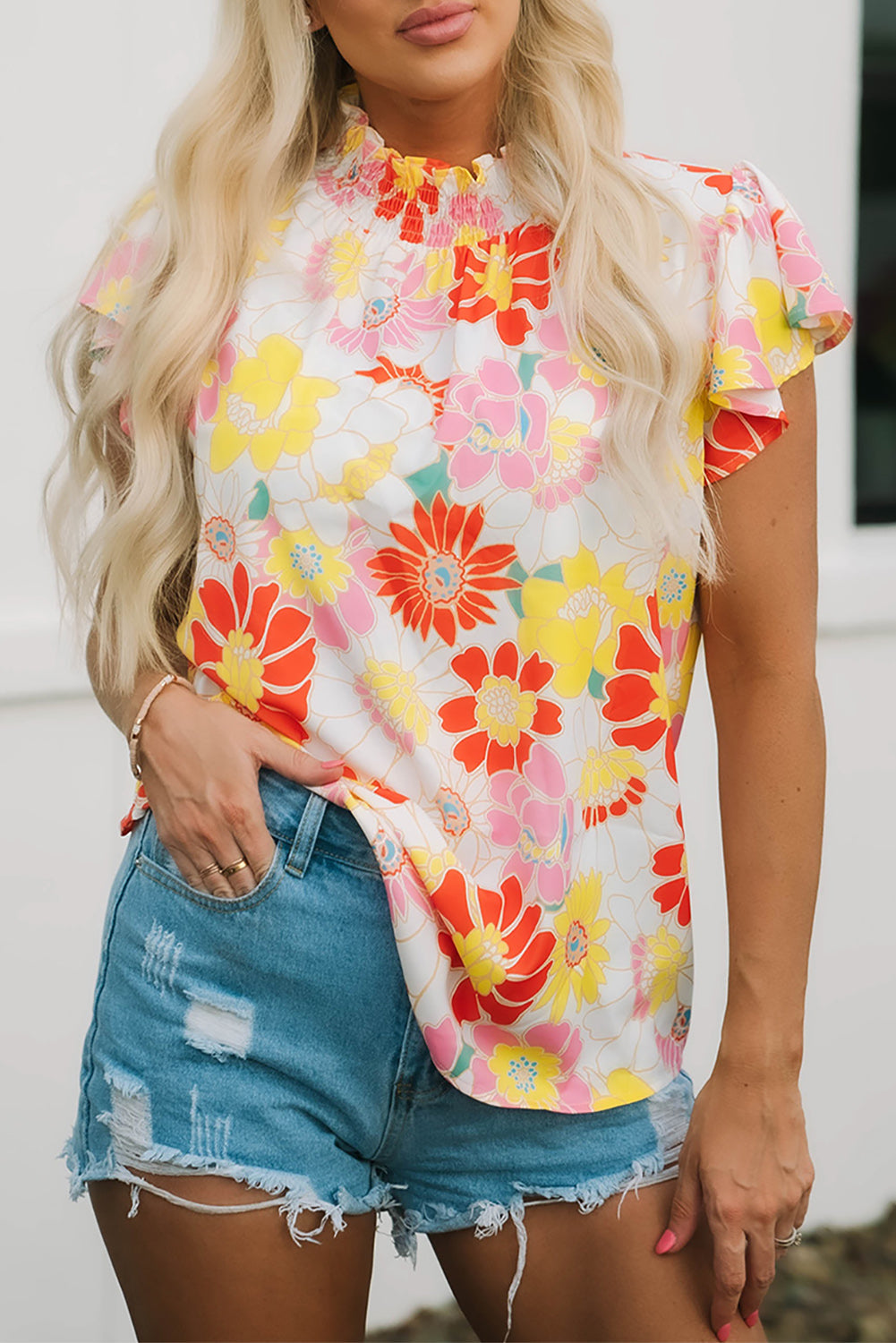 Women's Stand Collar Flutter Floral-Print Top